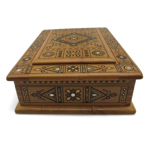 Rare Ukrainian Wooden Inlaid Carved Jewelry Box with Geometric VINTAGE 12 Inches - Picture 3 of 12